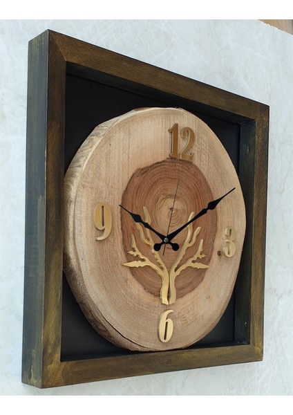Doğal Masif Eskitme Ahşap Çerçeveli Ceviz Ağacı Kare Duvar Masa Saati 30 x 30 cm