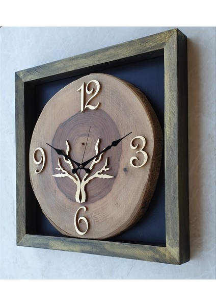 Doğal Masif Eskitme Ahşap Çerçeveli Ceviz Ağacı Kare Duvar Masa Saati 30 x 30 cm