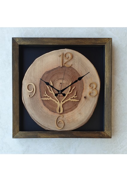 Doğal Masif Eskitme Ahşap Çerçeveli Ceviz Ağacı Kare Duvar Masa Saati 30 x 30 cm