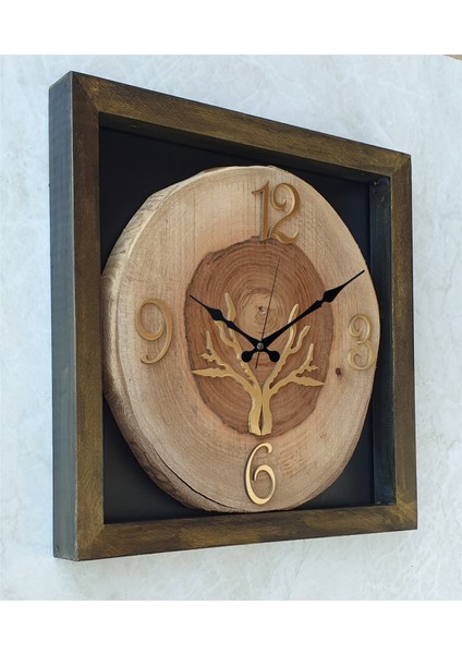 Doğal Masif Eskitme Ahşap Çerçeveli Ceviz Ağacı Kare Duvar Masa Saati 30 x 30 cm