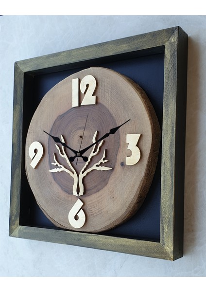 Doğal Masif Eskitme Ahşap Çerçeveli Ceviz Ağacı Kare Duvar Masa Saati 30 x 30 cm