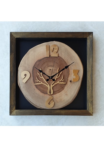 Doğal Masif Eskitme Ahşap Çerçeveli Ceviz Ağacı Kare Duvar Masa Saati 30 x 30 cm