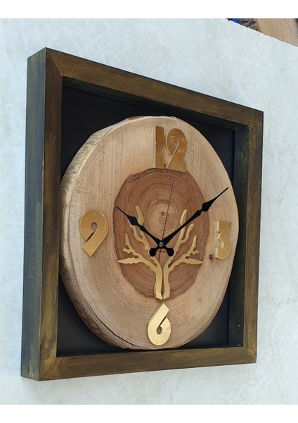Doğal Masif Eskitme Ahşap Çerçeveli Ceviz Ağacı Kare Duvar Masa Saati 30 x 30 cm