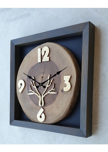 Doğal Masif Eskitme Ahşap Çerçeveli Ceviz Ağacı Kare Duvar Masa Saati 30 x 30 cm