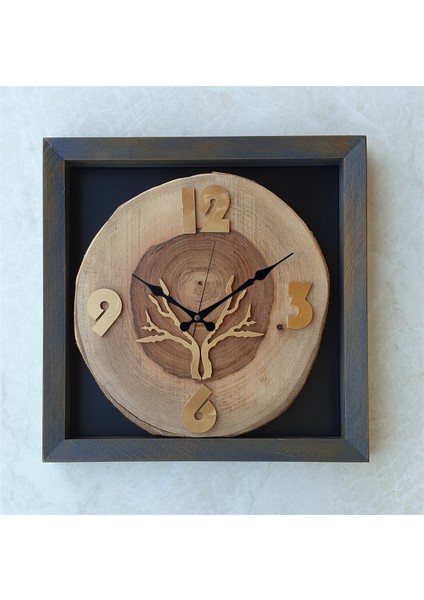 Doğal Masif Eskitme Ahşap Çerçeveli Ceviz Ağacı Kare Duvar Masa Saati 30 x 30 cm fiyatları