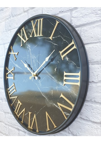 Siyah Metal Kasalı Mermer Desenli Duvar Saati 50 x 80 cm