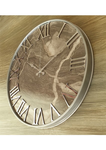 Gri Metal Kasalı Mermer Desenli Ayna Rakamlı Duvar Saati 50 x 80 cm