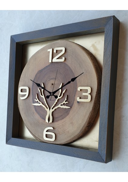 Doğal Masif Eskitme Ahşap Çerçeveli Ceviz Ağacı Kare Duvar Masa Saati 30 x 30 cm