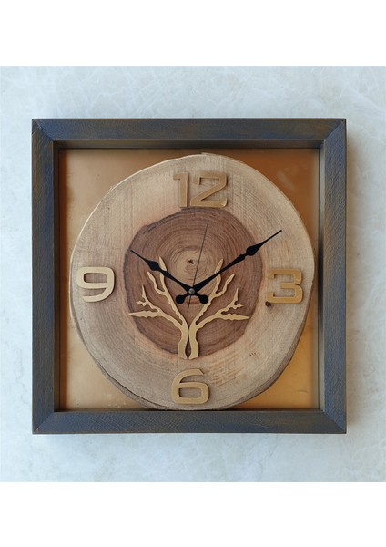 Doğal Masif Eskitme Ahşap Çerçeveli Ceviz Ağacı Kare Duvar Masa Saati 30 x 30 cm