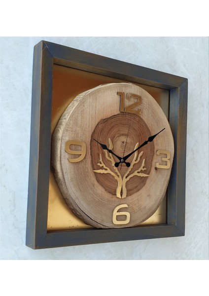 Doğal Masif Eskitme Ahşap Çerçeveli Ceviz Ağacı Kare Duvar Masa Saati 30 x 30 cm