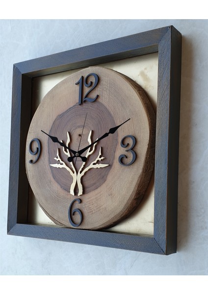 Doğal Masif Eskitme Ahşap Çerçeveli Ceviz Ağacı Kare Duvar Masa Saati 30 x 30 cm