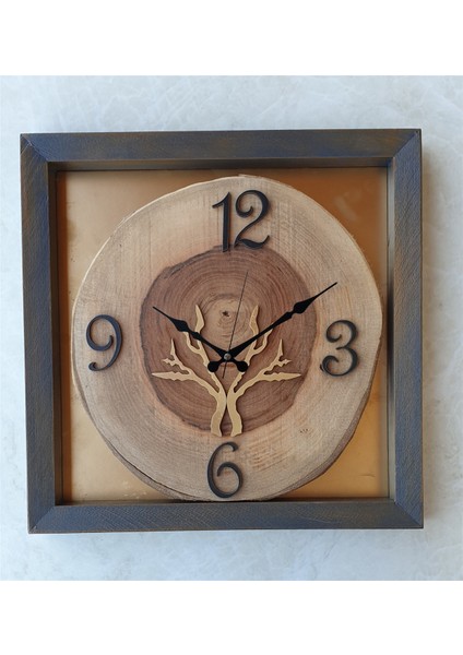 Doğal Masif Eskitme Ahşap Çerçeveli Ceviz Ağacı Kare Duvar Masa Saati 30 x 30 cm