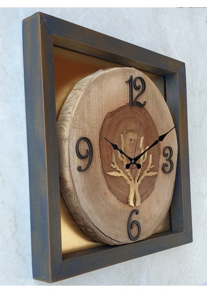 Doğal Masif Eskitme Ahşap Çerçeveli Ceviz Ağacı Kare Duvar Masa Saati 30 x 30 cm