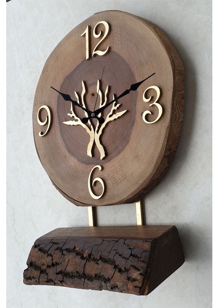 Doğal Masif Ahşap Ağaç Gold Altın Duvar Masa Saati 25 x 40 cm