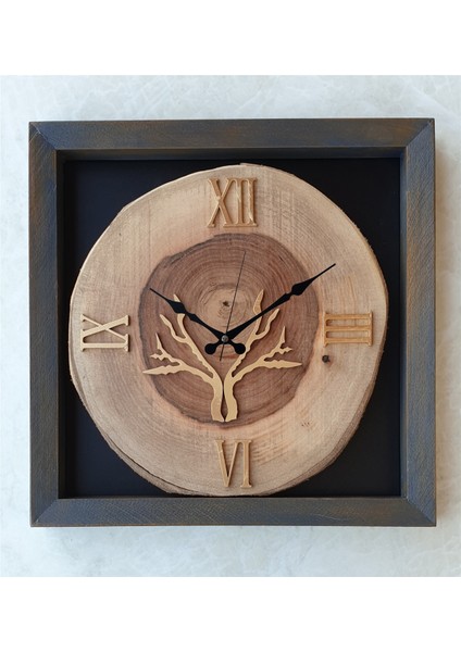 Doğal Masif Eskitme Ahşap Çerçeveli Ceviz Ağacı Kare Duvar Masa Saati 30 x 30 cm