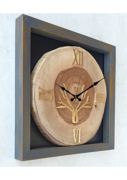 Doğal Masif Eskitme Ahşap Çerçeveli Ceviz Ağacı Kare Duvar Masa Saati 30 x 30 cm