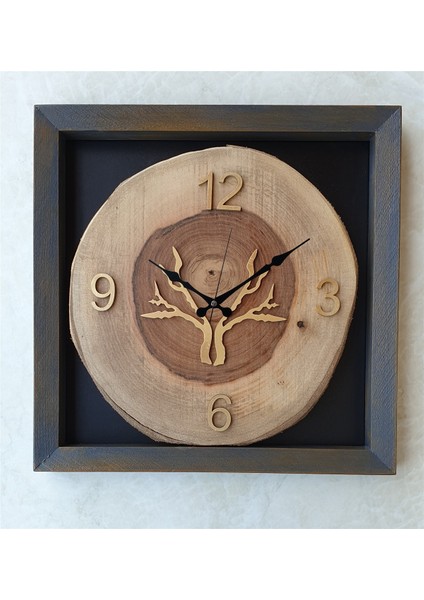 Doğal, Masif Eskitme Ahşap Çerçeveli, Ceviz Ağacı Kare Duvar , Masa Saati 30X30 cm