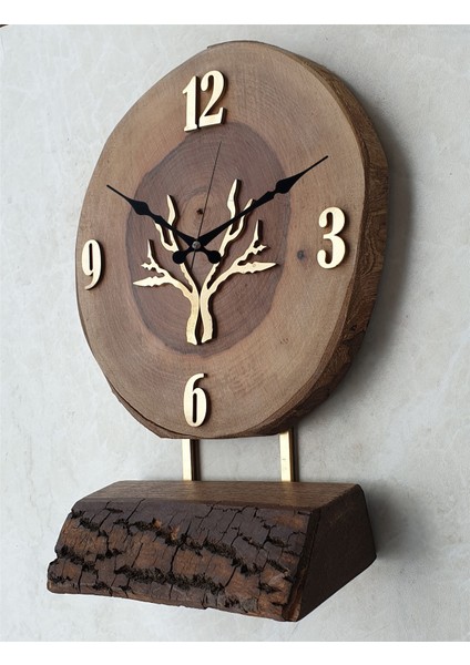 Doğal Masif Ahşap Ağaç Gold Altın Duvar Masa Saati 25 x 40 cm
