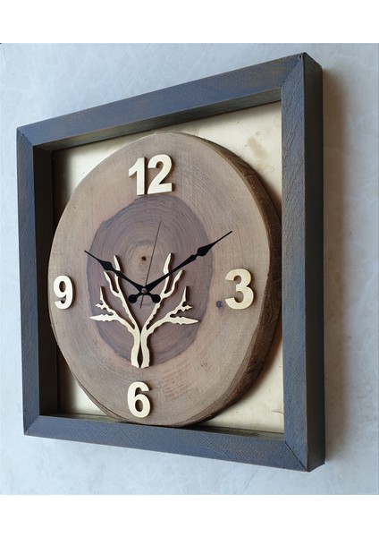 Doğal Masif Eskitme Ahşap Çerçeveli Ceviz Ağacı Kare Duvar Masa Saati 30 x 30 cm