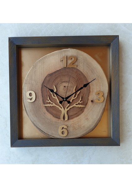 Doğal Masif Eskitme Ahşap Çerçeveli Ceviz Ağacı Kare Duvar Masa Saati 30 x 30 cm