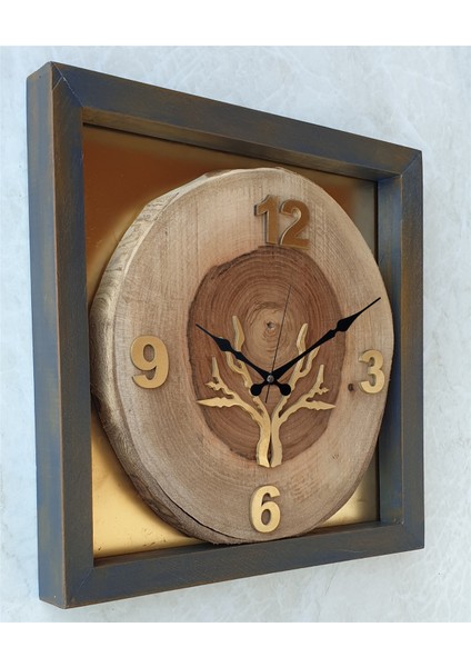 Doğal Masif Eskitme Ahşap Çerçeveli Ceviz Ağacı Kare Duvar Masa Saati 30 x 30 cm