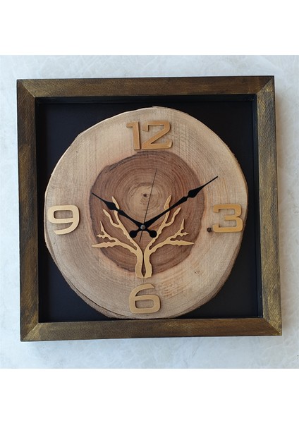 Doğal Masif Eskitme Ahşap Çerçeveli Ceviz Ağacı Kare Duvar Masa Saati 30 x 30 cm