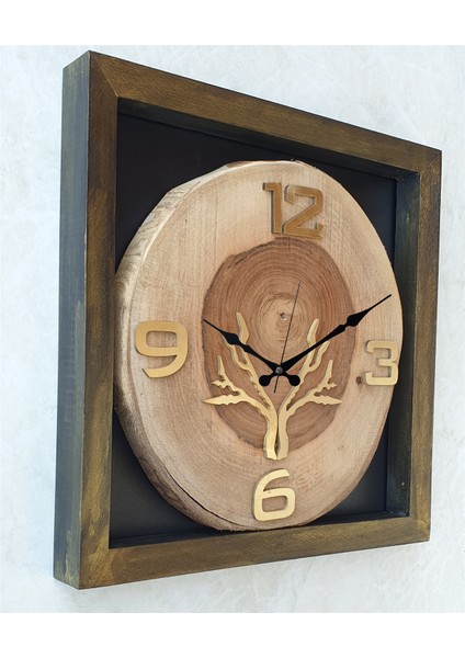 Doğal Masif Eskitme Ahşap Çerçeveli Ceviz Ağacı Kare Duvar Masa Saati 30 x 30 cm