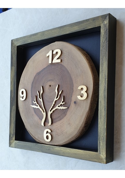 Doğal Masif Eskitme Ahşap Çerçeveli Ceviz Ağacı Kare Duvar Masa Saati 30 x 30 cm