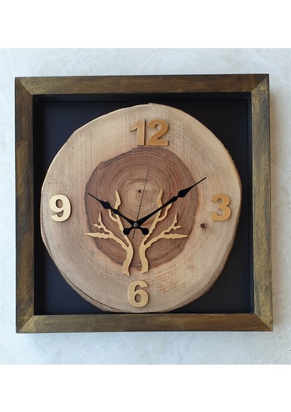 Doğal Masif Eskitme Ahşap Çerçeveli Ceviz Ağacı Kare Duvar Masa Saati 30 x 30 cm