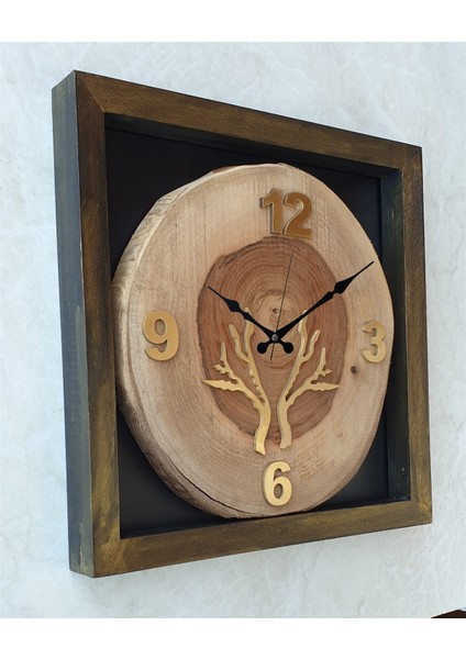 Doğal Masif Eskitme Ahşap Çerçeveli Ceviz Ağacı Kare Duvar Masa Saati 30 x 30 cm