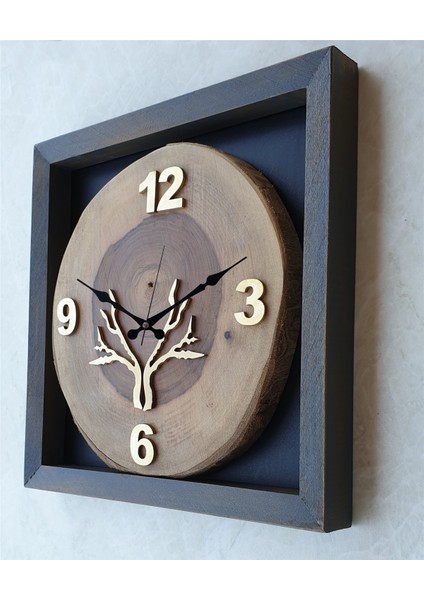 Doğal Masif Eskitme Ahşap Çerçeveli Ceviz Ağacı Kare Duvar Masa Saati 30 x 30 cm