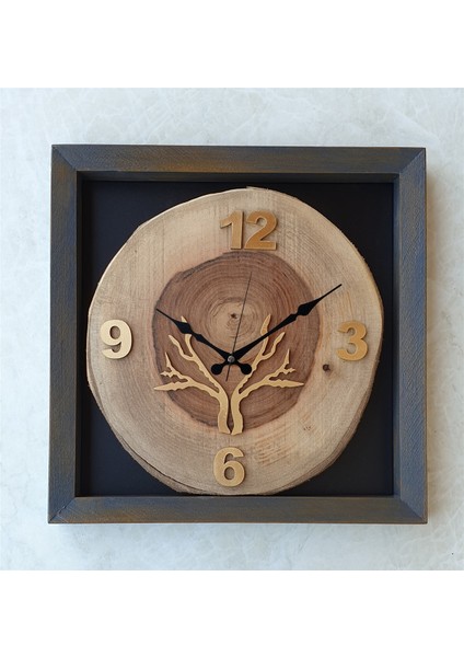 Doğal Masif Eskitme Ahşap Çerçeveli Ceviz Ağacı Kare Duvar Masa Saati 30 x 30 cm