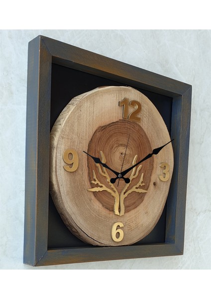 Doğal Masif Eskitme Ahşap Çerçeveli Ceviz Ağacı Kare Duvar Masa Saati 30 x 30 cm