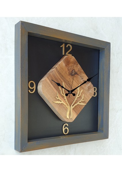 Doğal Masif Eskitme Ahşap Çerçeveli Ceviz Ağacı Kare Duvar Masa Saati 30 x 30 cm
