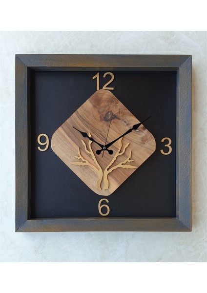 Doğal Masif Eskitme Ahşap Çerçeveli Ceviz Ağacı Kare Duvar Masa Saati 30 x 30 cm