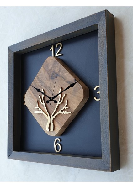 Doğal Masif Eskitme Ahşap Çerçeveli Ceviz Ağacı Kare Duvar Masa Saati 30 x 30 cm