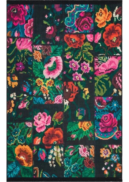 Gloria TD3251 Siyah Karabağ Patchwork Desen Dokuma Saçaklı Kilim