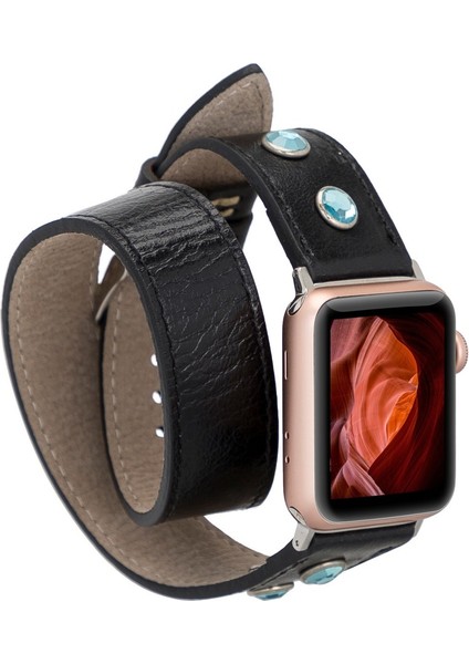 Apple Watch Uyumlu Deri Kordon Solitaire 38-40MM Çift Tur Ferro Troklu Rst1 Siyah