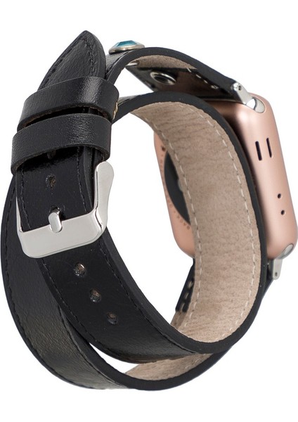 Apple Watch Uyumlu Deri Kordon Solitaire 38-40MM Çift Tur Ferro Troklu Rst1 Siyah