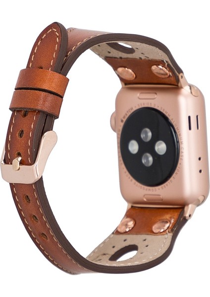 Apple Watch Uyumlu Deri Kordon Ronda 38-40MM Ince Rose Gold Troklu RST2EF Taba
