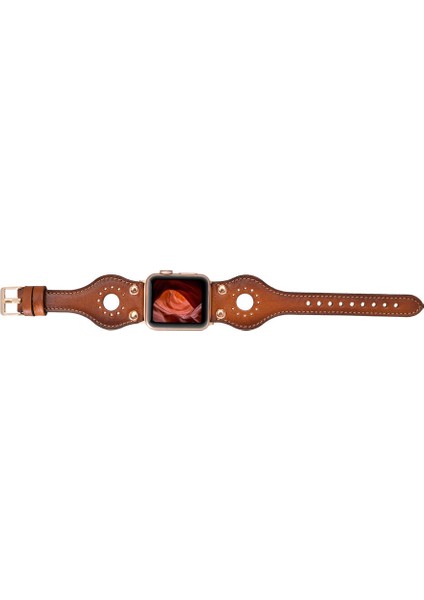 Apple Watch Uyumlu Deri Kordon Ronda 38-40MM Ince Rose Gold Troklu RST2EF Taba