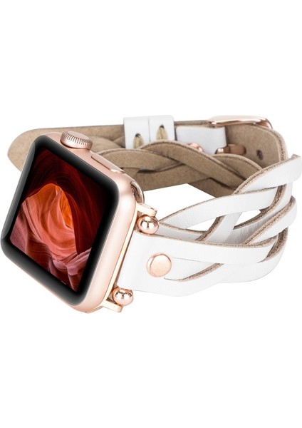 Apple Watch Uyumlu Deri Kordon Peggy 38-40MM Çift Tur Ferro Rose Gold Trok F3 Beyaz