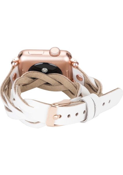 Apple Watch Uyumlu Deri Kordon Peggy 38-40MM Çift Tur Ferro Rose Gold Trok F3 Beyaz