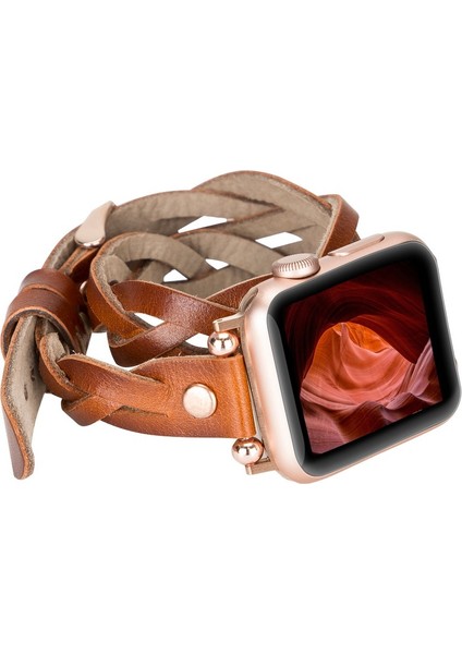 Apple Watch Uyumlu Deri Kordon Peggy 38-40MM Çift Tur Ferro Rose Gold Trok RST2EF Taba