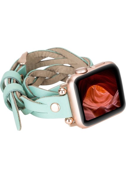 Apple Watch Uyumlu Deri Kordon Peggy 38-40MM Çift Tur Ferro Rose Gold Trok Brn7 Yeşil