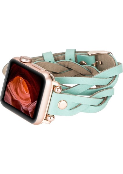Apple Watch Uyumlu Deri Kordon Peggy 38-40MM Çift Tur Ferro Rose Gold Trok Brn7 Yeşil