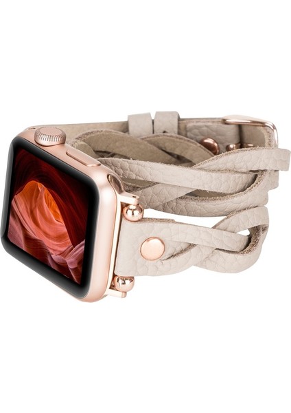 Apple Watch Uyumlu Deri Kordon Peggy 38-40MM Çift Tur Ferro Rose Gold Trok Erc3 Bej