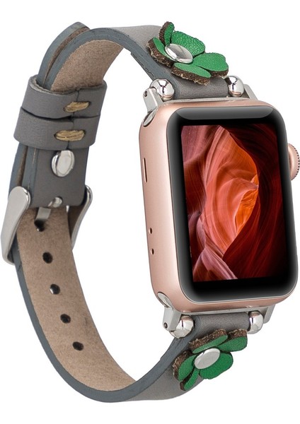 Apple Watch Uyumlu Deri Kordon Clover 38-40MM Ferro Silver Troklu Rst9 Gri