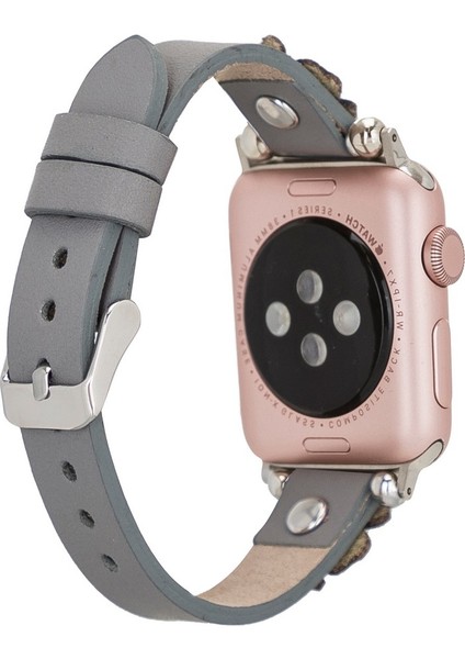 Apple Watch Uyumlu Deri Kordon Clover 38-40MM Ferro Silver Troklu Rst9 Gri