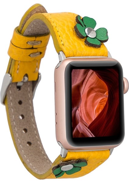 Apple Watch Uyumlu Deri Kordon Clover 42-44MM Ince Ferro Troklu FL12 Sarı